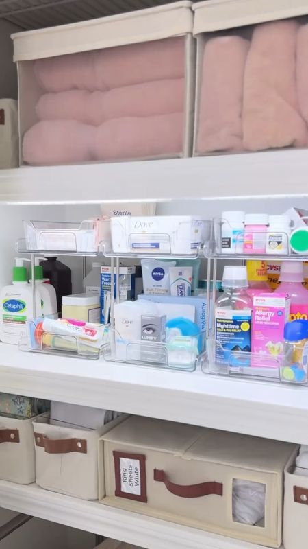 BEST organizers for medicines, makeup and toiletries for bathroom cabinet or closet. Use clear pull out drawers and motion LED lights that attach to wire closet shelves! You can SEE what you have!

Motion activated rechargeable LED closet lights Porch Daydreamer’s linen closet. 

#LTKfindsunder50 #LTKVideo #LTKhome