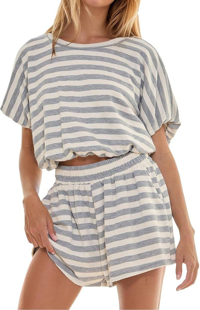 2 Piece Sets Women Striped Tee Shirt Shorts Set Short Sleeve Loose Fit Shirt Elastic Waist Shorts... | Amazon (US)