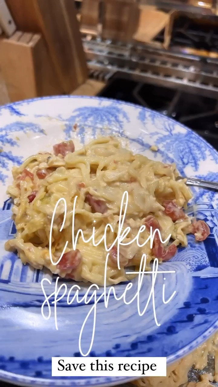 Granny’s Chicken Spaghetti 
4 cups of cooked & shredded chicken 
3/4 large box of Velveeta cheese (cubed) 
1 box of thin spaghetti noodles
4 tbsp butter 
1 medium onion 
1 can cream of chicken 
1 can cream of celery 
1 can cream of mushroom 
2 cans of rotel 
Salt
Pepper 
Garlic powder 
Minced garlic (fresh is better) 
Oregano 
Spices to your liking

Sauté medium chopped onion in butter until golden. Mix spices into the sautéed onion. In a large skillet, add 4 cups of the cooked shredded chicken (I like to use a fresh, warm rotisserie chicken), cubed Velveeta, seasoned sautéed onions, rotel cans (not drained), can of mushroom, celery & chicken soups. Add two large serving spoons of the starch water from your pasta. Blend it all together well and cook over medium until warm and melted. Drain your noodles and add them to the sauce mixture. Once blended well, fill two 9x12 baking dishes.  Bake on 375 degrees for 25 minutes or until bubbly. 

Tip: This dish is great to freeze one for later or serve a large crowd. It makes me think of my granny who would always prepare it for us. ENJOY ~XXAP 