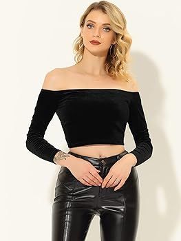 Allegra K Women's Velvet Top Off Shoulder Casual Solid Blouse Long Sleeve Crop Top | Amazon (US)