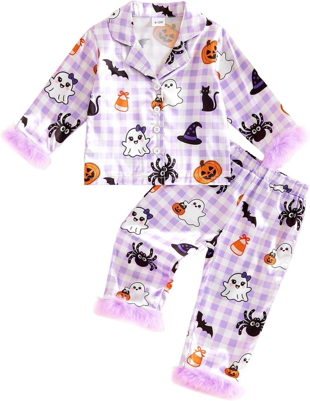 fyclemt Baby Boy Girl Halloween Pajamas Satin Pajamas Feather Trim Pumpkin Long Sleeve Button Up Shirt Pants Girls Nightgown | Amazon (US)