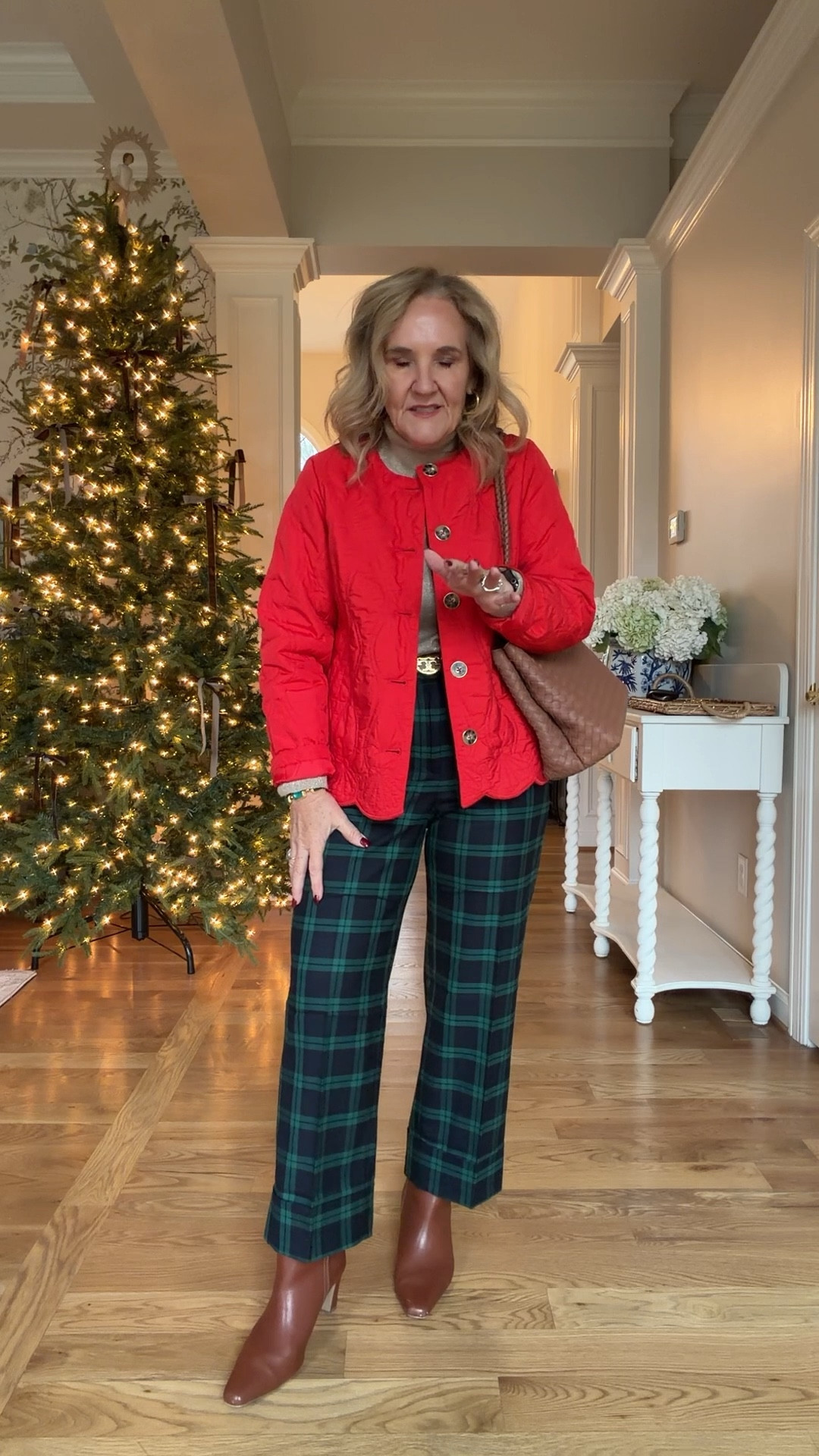 @talbots black watch plaid the blazer plaid is larger than the pants and I love it 
Blazer 10 petite 
Pants 8 petite 
Quilted jacket med petite 
Gold turtleneck 1.0
Amazon puffer medium 
Shimmer navy cable sweater medium petite 
Loft evergreen crochet sweater medium 
Stewart plaid blouse medium I’ll link similar too 

#LTKOver40 #LTKHoliday #LTKSaleAlert