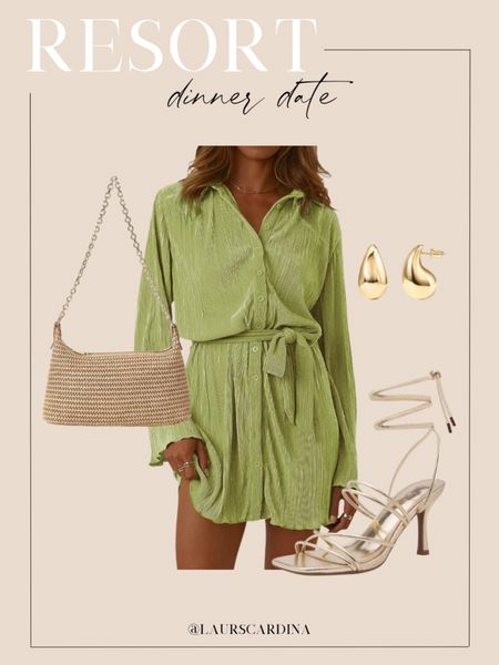 This resort dinner date pairs a green collared button down dress with strappy gold heels, a straw shoulder bag, and teardrop earrings. 

Ootd, resort wear, vacation outfit, spring outfit, Amazon fashion 

#LTKstyletip #LTKfindsunder50 #LTKshoecrush