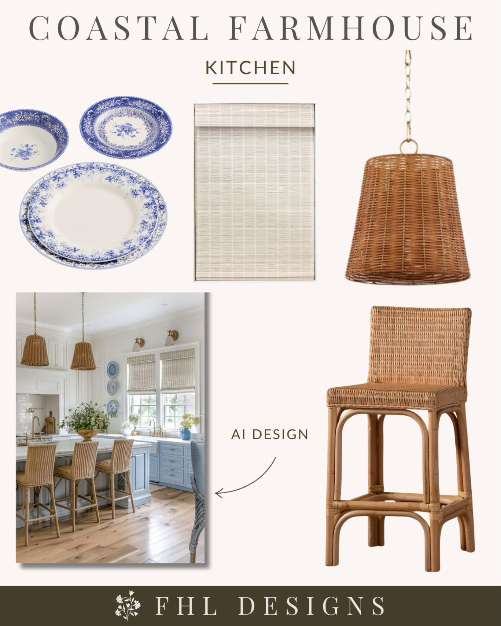 Shop our coastal farmhouse kitchen design mood board 🤍

Coastal Farmhouse Kitchen | Wicker Pendant | Rattan Bar Stools | Blue Kitchen Cabinets | Blue Vintage Looking Dishes

#LTKHome