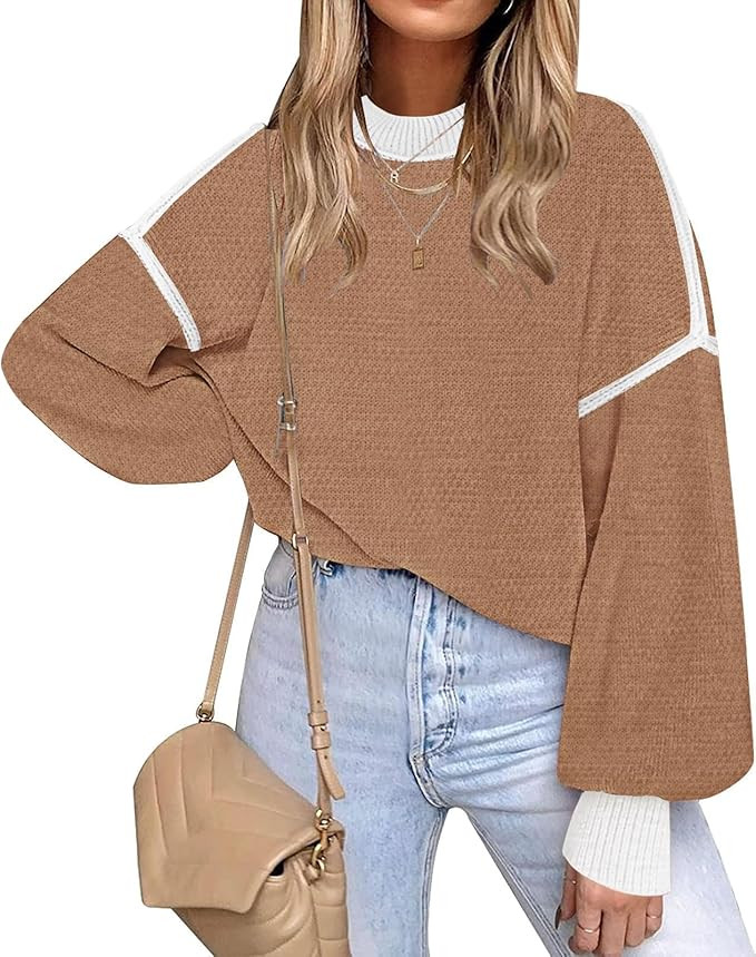 Fall Clothes for Women 2024 Trendy Fashion Oversized Sweaters Color Block Long Sleeve Knited Pull... | Amazon (US)