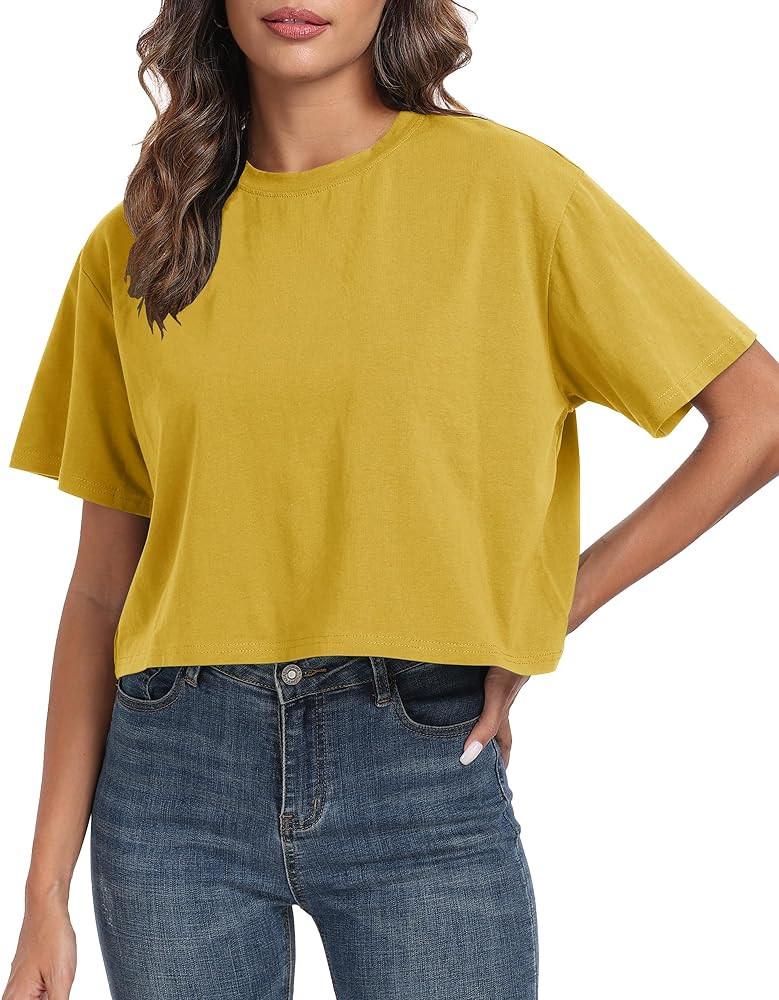 PRIMODA Women's Oversized Workout Cropped T Shirts Crew Neck Short Sleeve Casual Loose Summer Cro... | Amazon (US)