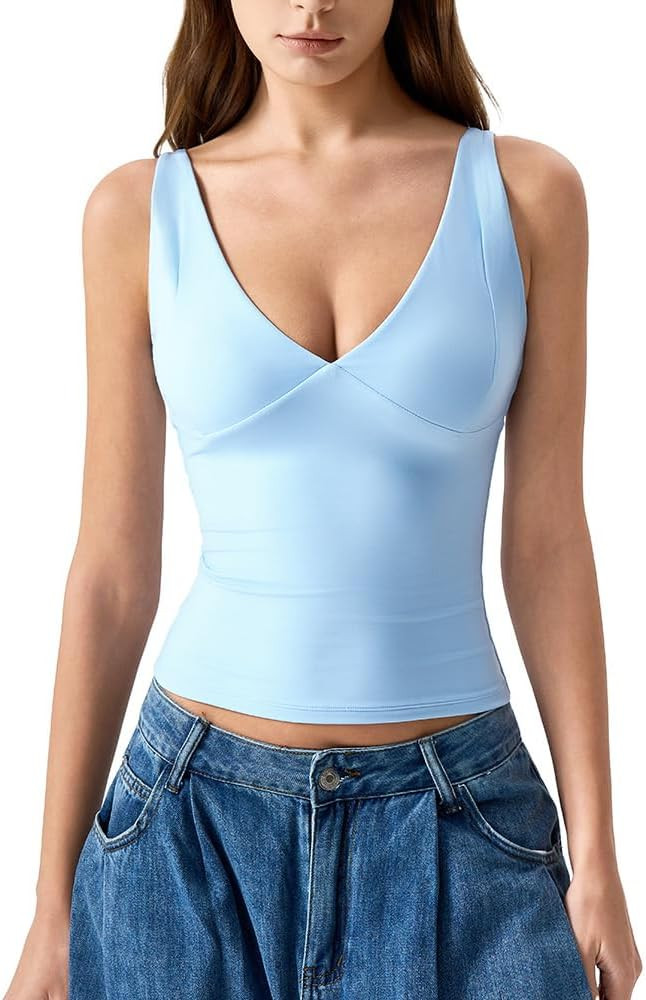 QINSEN Womens Double Lined Tank Tops Sexy V Neck Seamed Cup Adjustable Spaghetti Straps Camisole ... | Amazon (US)