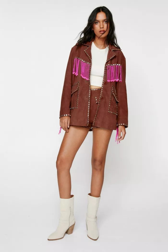 Real Suede Embroidered Back Fringe Jacket | Boohoo.com (UK & IE)