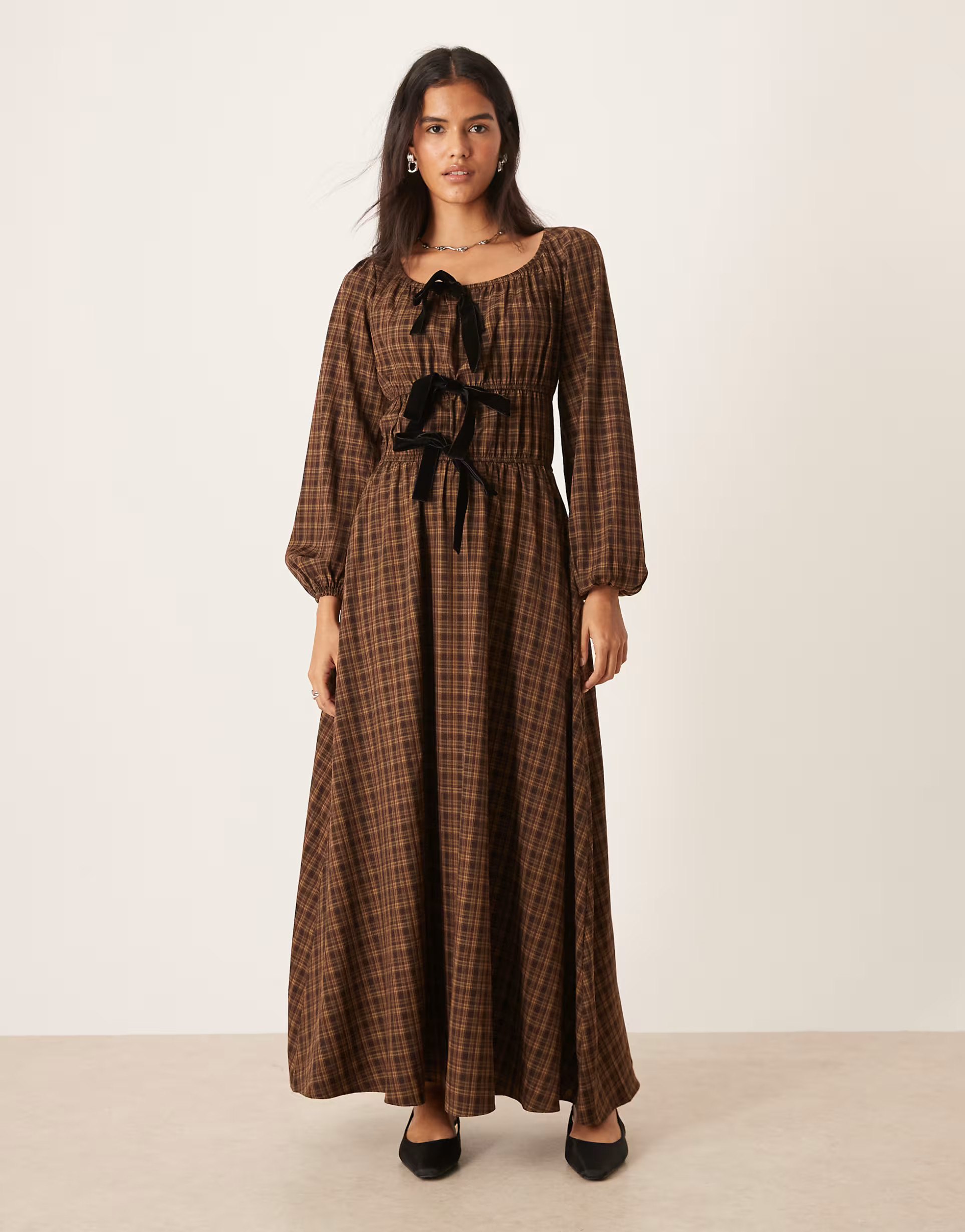 Glamorous shirred maxi dress with front ties in brown black plaid | ASOS | ASOS (Global)