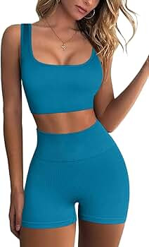 FAFOFA Workout Sets for Women 2 Piece Seamless Ribbed Crop Tank High Waist Shorts Yoga Outfits | Amazon (US)