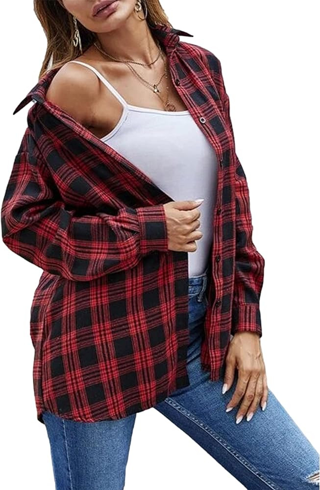Zontroldy Plaid Flannel Shirts for Women Oversized Long Sleeve Button Down Buffalo Plaid Shirt Bl... | Amazon (US)