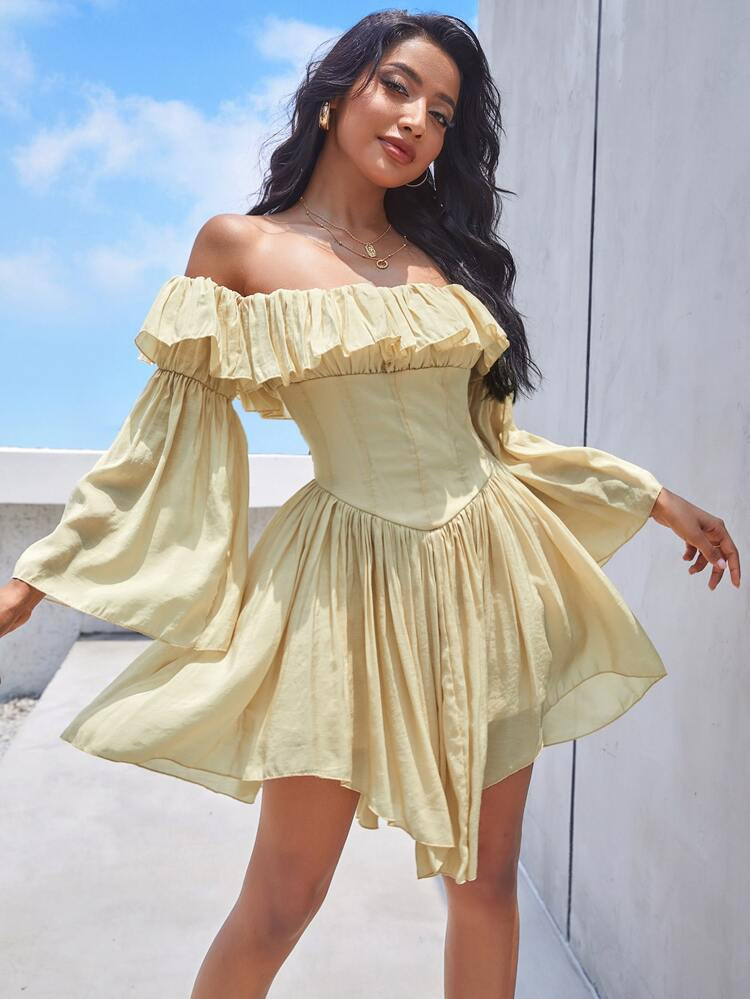 Off Shoulder Ruffle Trim Trumpet Sleeve Dress | SHEIN