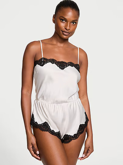 Dream Angels Satin Lace-Trim Romper, White/ivory, M - Women's Rompers - Victoria's Secret | Victoria's Secret (US / CA )