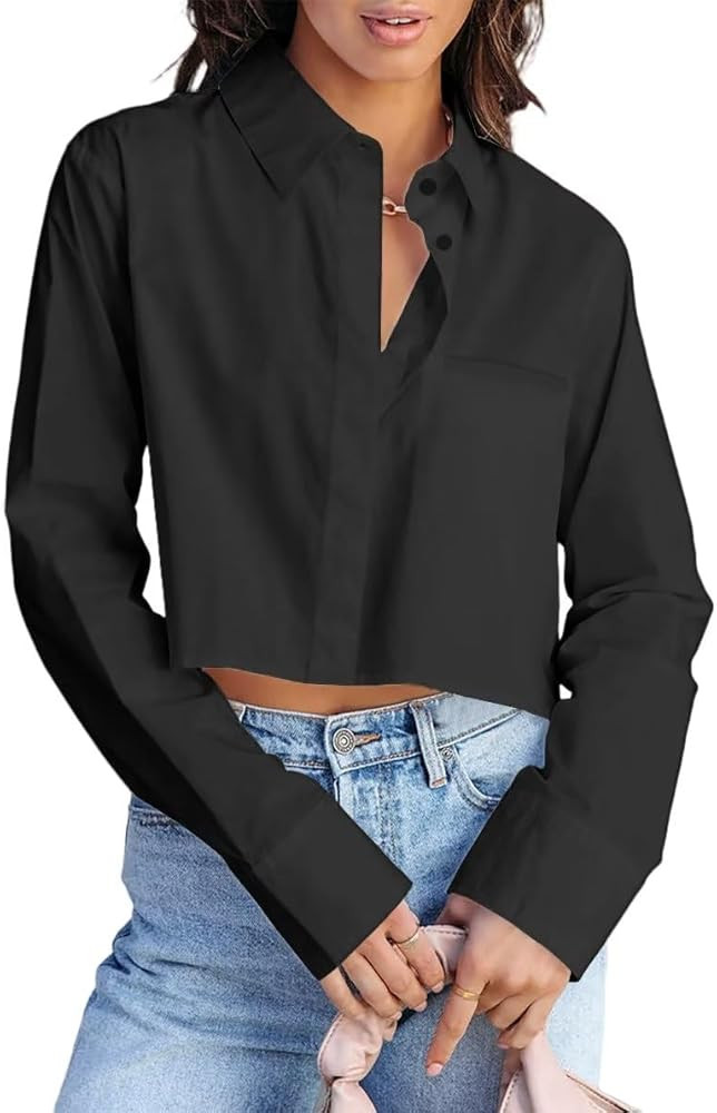 INFITTY Women's Button Down Cropped Shirts Long Sleeve Casual Crop Tops Loose Fit Cotton Lapel Bl... | Amazon (US)