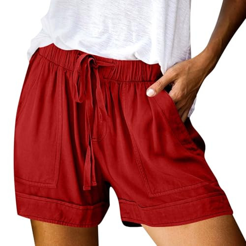 Linen Shorts for Women Loose Fit Women Shorts Comfy with Pockets Drawstring Elastic Waist Cotton Linen Beach Vacation Trendy 2025 Summer Clothes Red XL | Amazon (US)