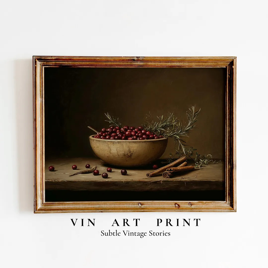 Vintage Cranberry Still Life Printable, Rustic Kitchen Wall Art, Cozy Farmhouse Fall Decor, Moody... | Etsy (US)