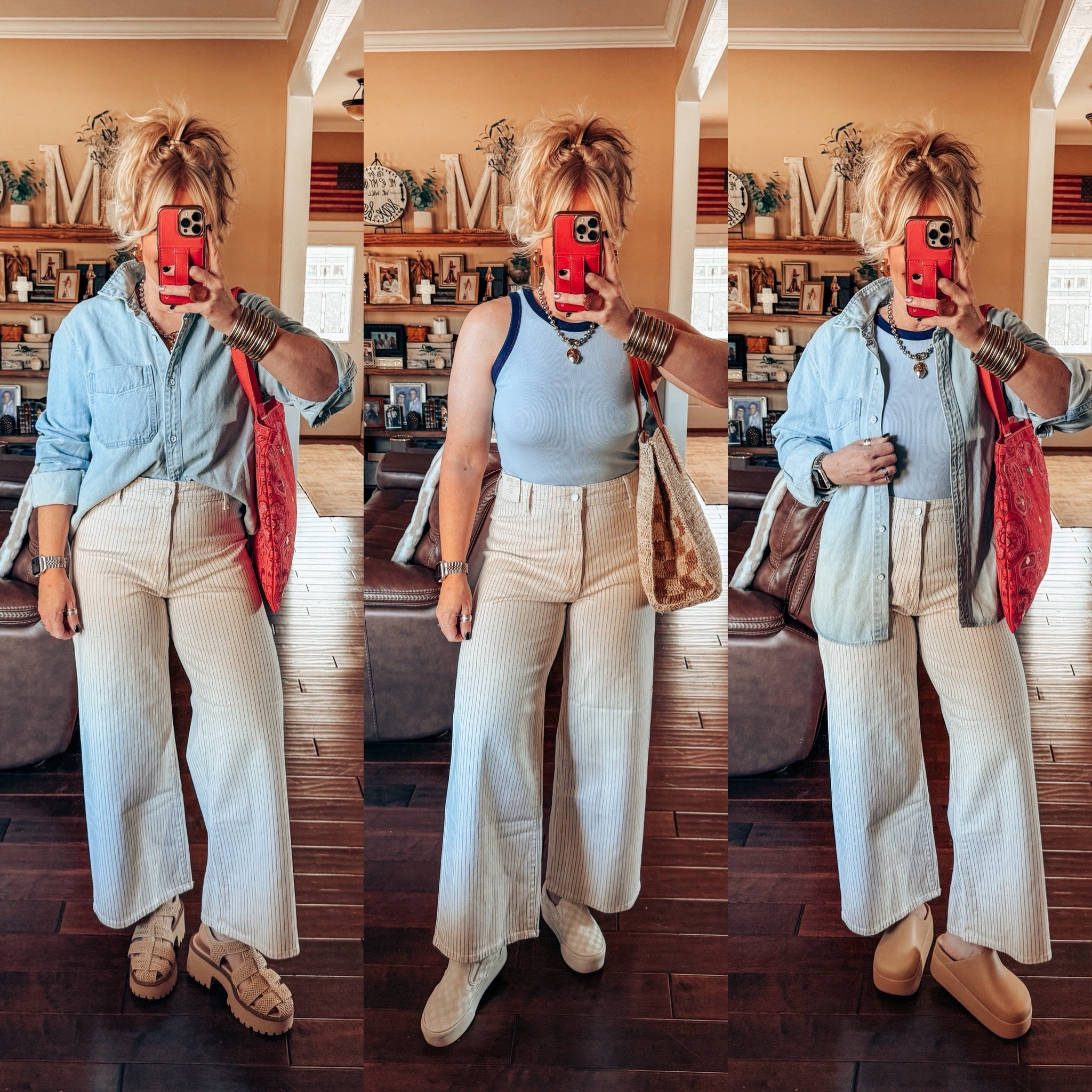 I can see why these sailor jeans are so popular! They are AMAZING but size up one. I’m in a 10. 
Denim top - M
Jeans - 10
Tank - S
Sandals - true to size 
Vans - size down one 
Crocs - sized down one 


#LTKOver40 #LTKStyleTip #LTKFindsUnder50