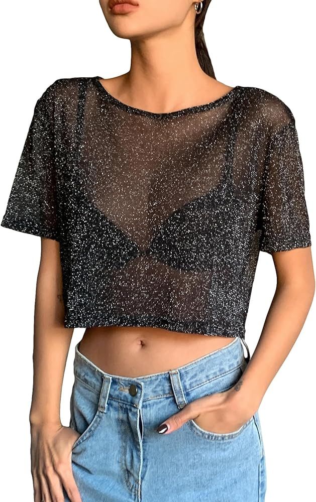 Floerns Women's See Through Glitter Sheer Mesh Short Sleeve Crop Tee Shirt | Amazon (US)