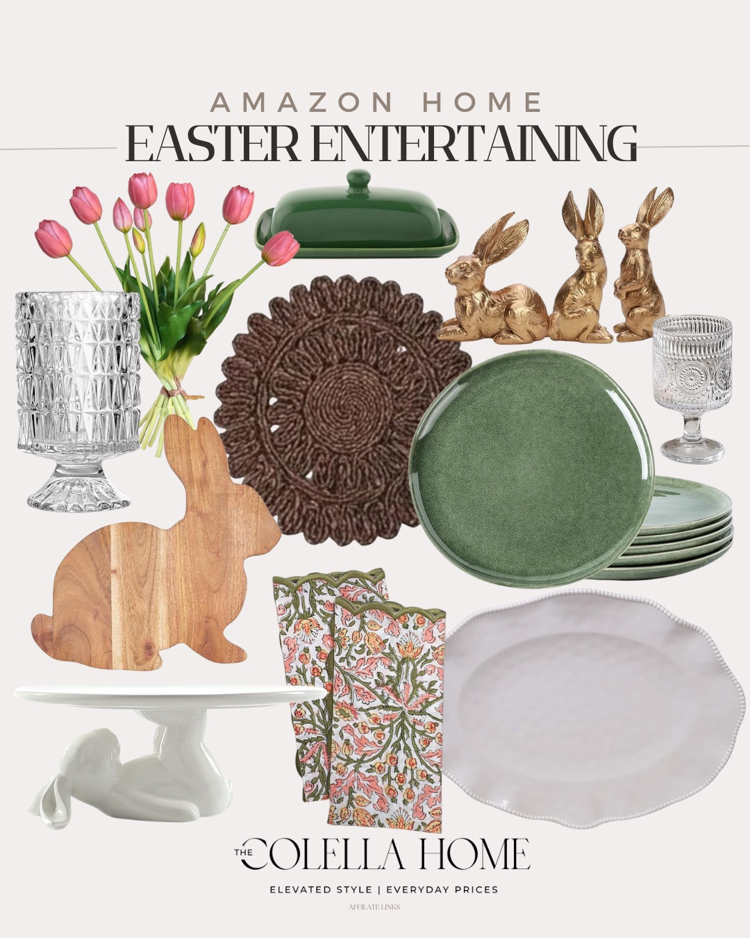 Easter entertaining includes platter, dinner plates, cloth napkins, bunny platter, wooden charcuterie board, rattan charger, vase, faux tulips, butter dish, gold rabbits.

Home decor, Easter entertaining, Easter decor 

#LTKHome #LTKSaleAlert #LTKSeasonal