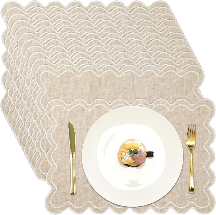 Linen Placemats Set of 12 Scalloped Placemat 13 X19 Wavy Embroidery Double Layered Washable Farmh... | Amazon (US)