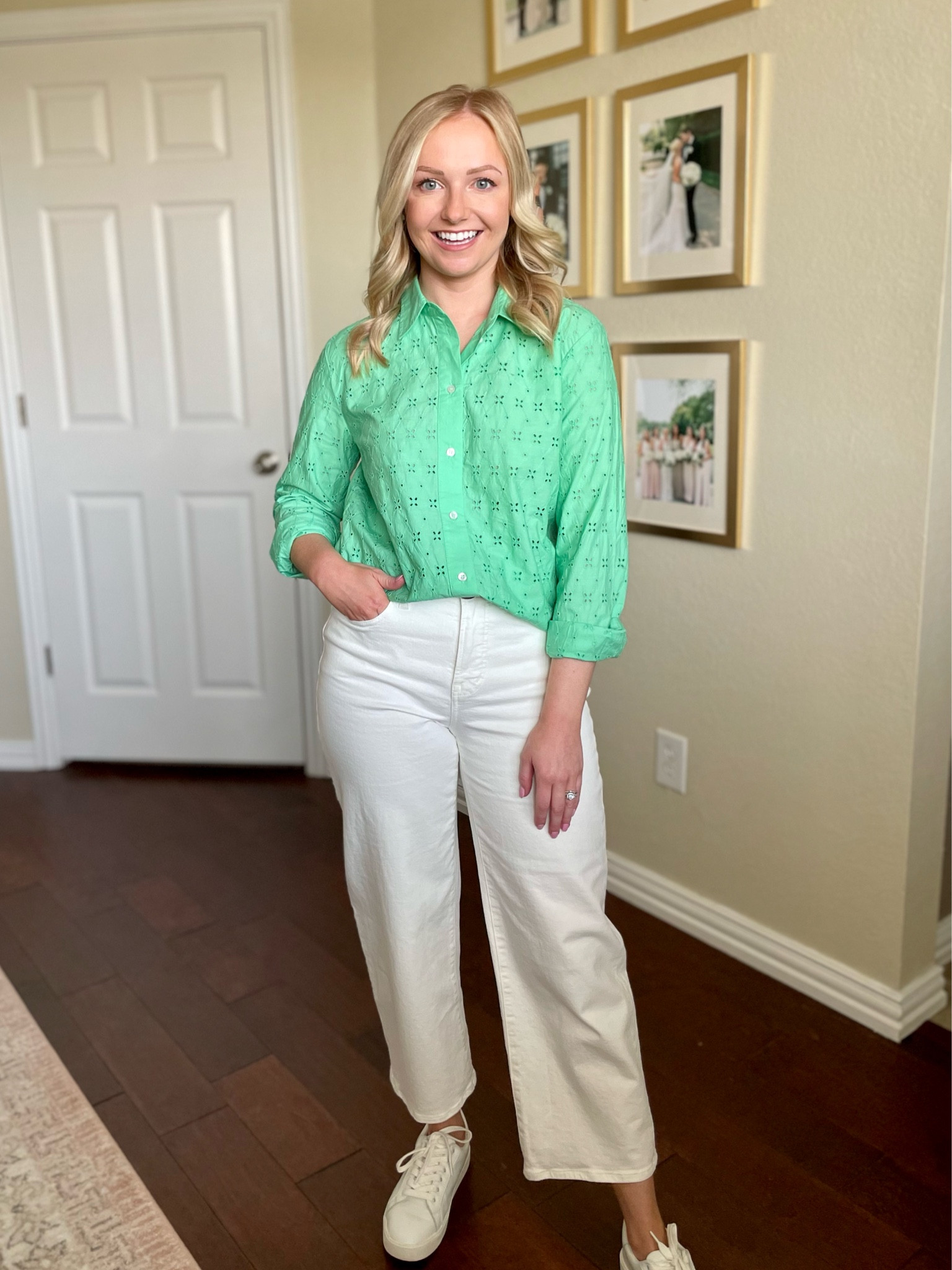 Wearing an XS in top and 26P in jeans | wide leg jeans, white jeans, eyelet top, green top, spring outfit 

#LTKFind #LTKSeasonal #LTKstyletip