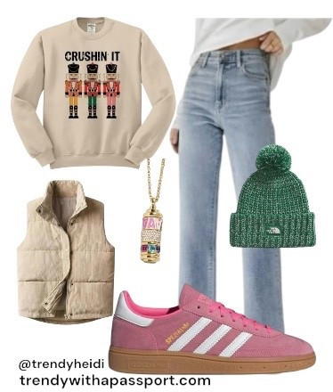 A cozy winter outfit flat lay styled on a clean white background. A neutral beige graphic sweatshirt with festive nutcracker details layered effortlessly with a quilted tan puffer vest. Light-wash straight-leg denim adds a relaxed, timeless feel. Accessories include a forest-green knit beanie, a delicate gold chain necklace with a playful charm, and soft pink Adidas Gazelle sneakers for a pop of color. The overall look blends casual comfort with cheerful holiday charm — relaxed, approachable, and perfect for winter errands, casual outings, or cozy days at home. Minimal shadows, soft natural lighting, and a warm neutral color palette create an elevated, lifestyle-inspired aesthetic. Subtle watermark reads @trendyheidi and trendywithapassport.com.

⸻

HASHTAGS

#winteroutfitinspo
#casualwinterstyle
#cozyvibesonly
#everydaywinterlook
#neutralstyle
#athleisurewear
#graphicteeoutfit
#winterlayers
#beigeneutrals
#pinkadidas
#gazellesneakers
#pufferveststyle
#beanieweather
#momstyleinspo
#weekendwear
#comfortablefashion
#trendyheidi
#trendywithapassport
#pinterestfashion
#shopthelook

#LTKdayinmylife #LTKHoliday #LTKGiftGuide