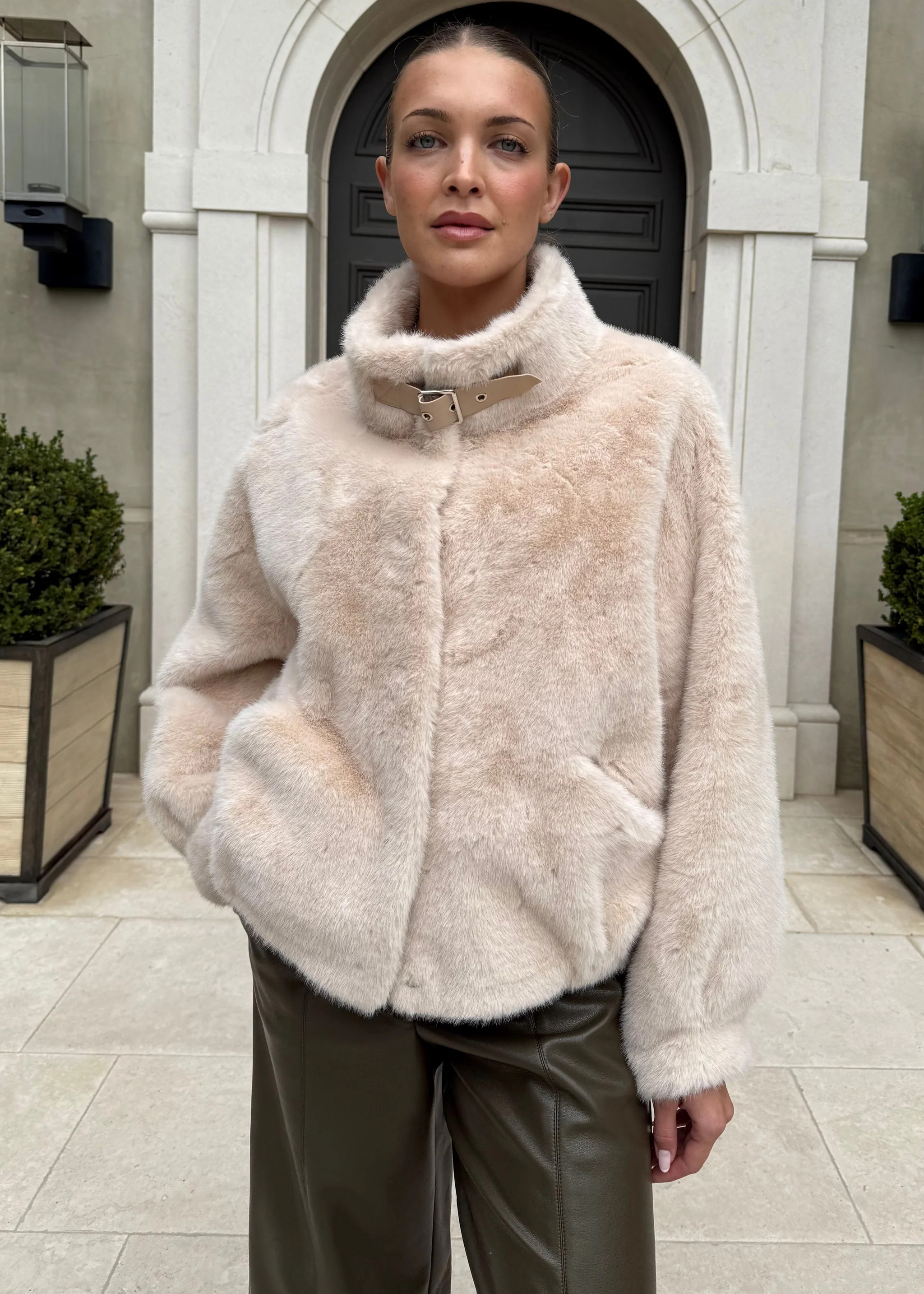 Margaux Buckle Strap Collar Long Sleeve Faux Fur Coat - Cream | Benaar La