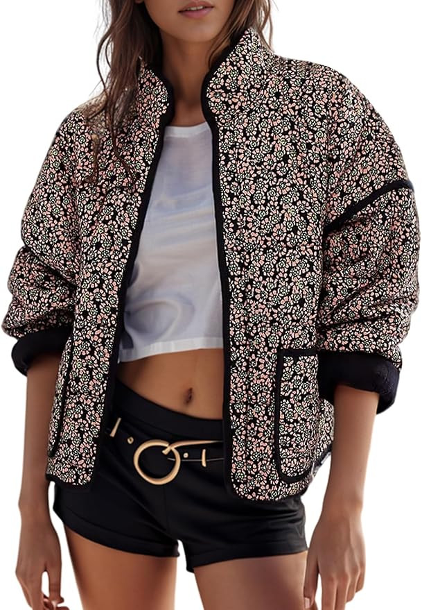 Wyeysyt Women's Cropped Puffer Jacket Lightweight Floral Print Long Sleeve Padded Quilted Puffy C... | Amazon (US)