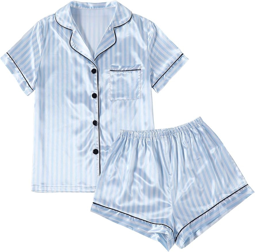 LYANER Women's Striped Silky Satin Pajamas Short Sleeve Top with Shorts Sleepwear PJ Set | Amazon (US)