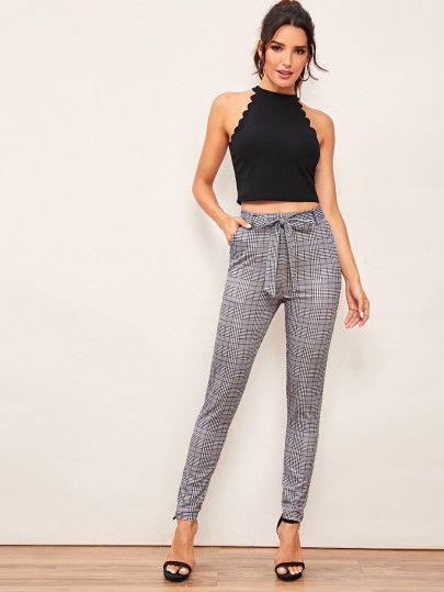 SHEIN Scallop Trim Halter Top & Plaid Belted Pants Set | SHEIN