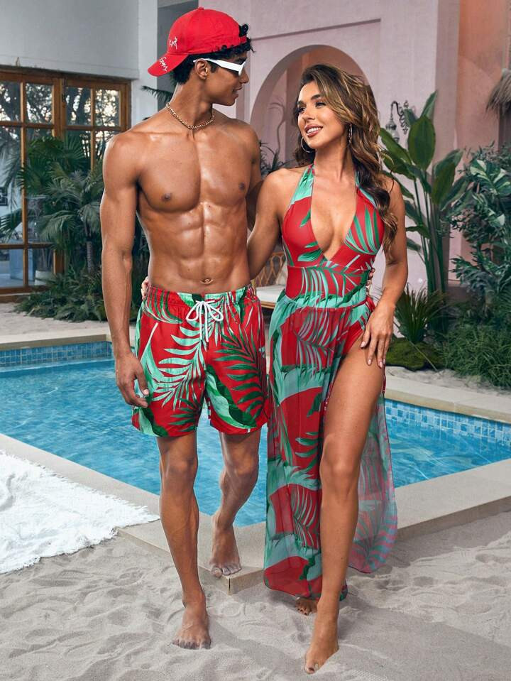 Manfinity Swimmode Men's Tropical Printed Beach Shorts | SHEIN