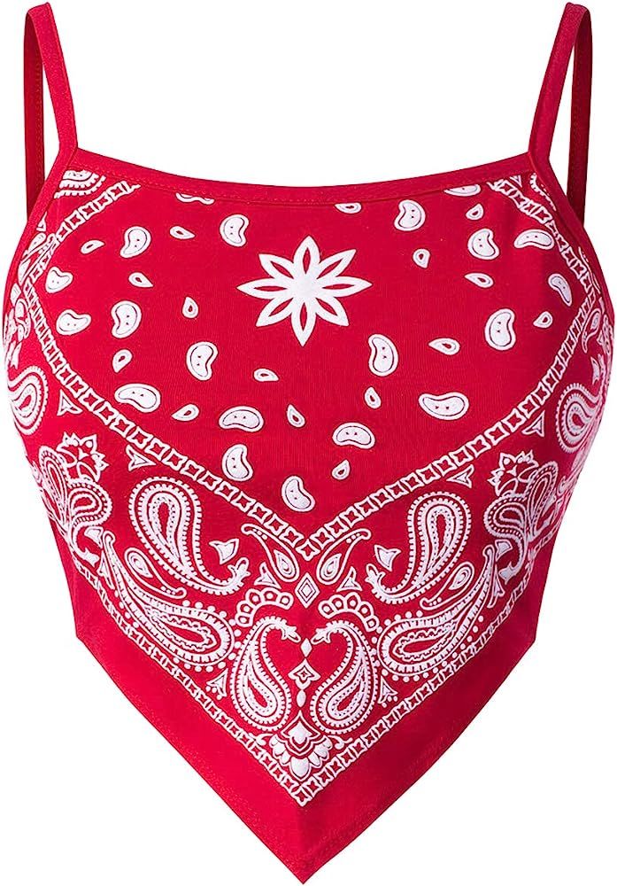 Design by Olivia Women's Stretchy Asymmetric Tie Knob Open Back Bandana/Flower Print Crop Top Shi... | Amazon (US)