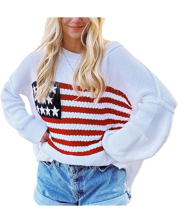 Adoeren Women American Flag Sweater Vintage Long Sleeve Crewneck Knitted Jumper Oversized Aesthet... | Amazon (US)