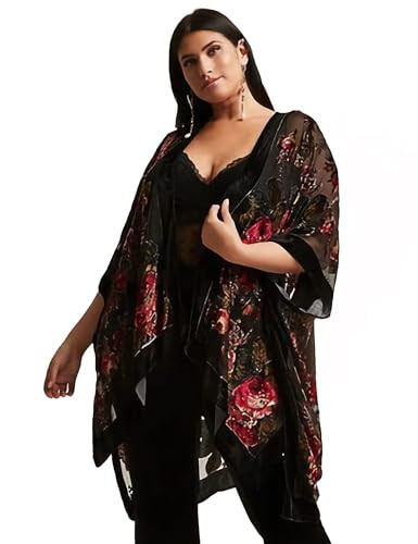 BohemyanRace Women's Coverups Burnt-out Velvet Cardigan Casual Outfit Long Cover Up Velvet Kimono(Peony/Black) | Amazon (US)