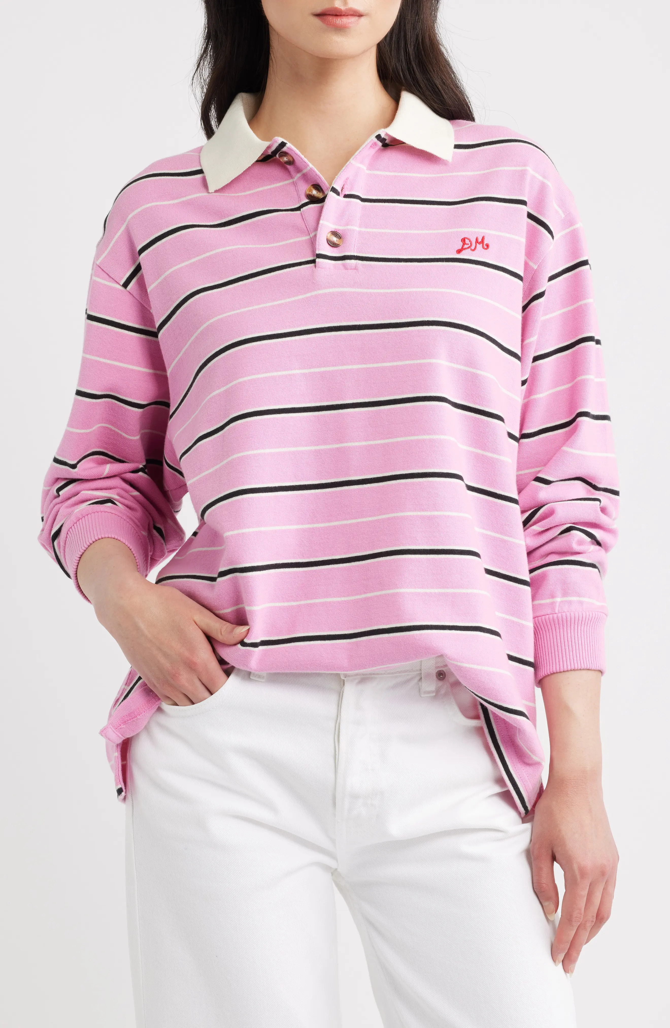 Damson Madder Remie Long Sleeve Striped Rugby Shirt in Pink at Nordstrom, Size 4 | Nordstrom