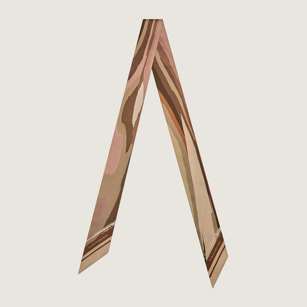 Strathberry - Long Silk Skinny Scarf - Pink / Brown / Natural | Strathberry
