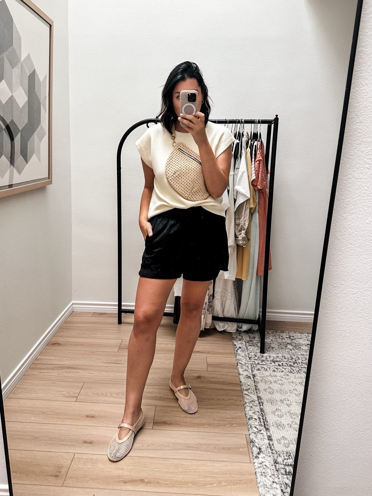 This top is $20! Fit is loose but overall TTS. I’m in the large, could have gone medium. 

I’m in the large of the poplin shorts — they fit TTS so these are a generous fit on me! Under $40 too!

I sized up a half size on the flats. This is the NUDE color!