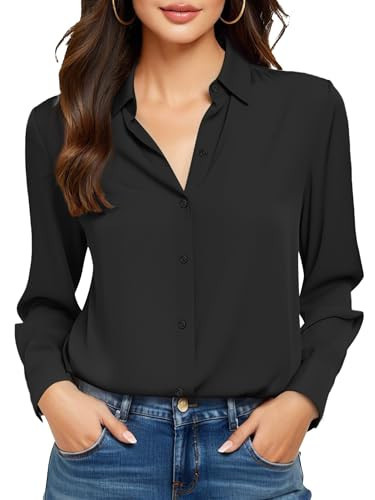 COUXILY Womens Black Button Down Dress Shirt Women Long Sleeve Silk Blouse for Shirts Up Dressy Slim Fit Collar Formal Blouses Dresses Tops Collared Fitted Top Casual Solid Work Black Size S | Amazon (US)
