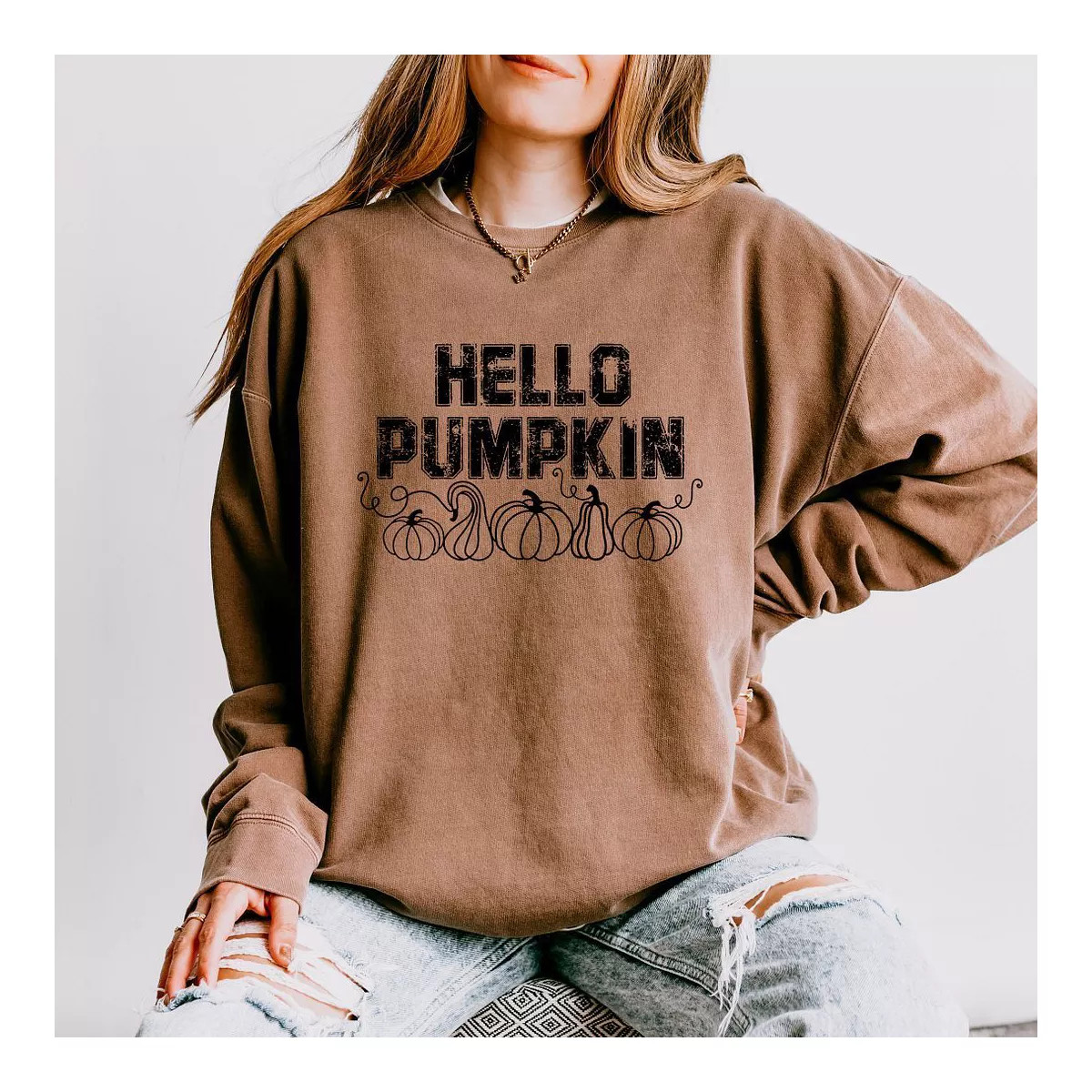 Simply Sage Market Women's Lightweight Garment Dyed Graphic Sweatshirt Hello Pumpkin Distressed | Target