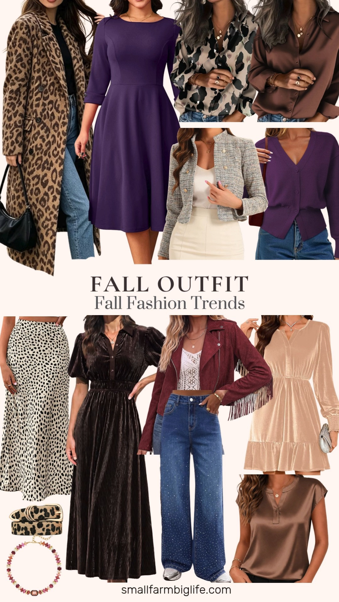 This fall fashion trends collection has such a rich mix of prints and textures, perfect for building out your autumn outfits.

The cream and black print BTFBM Satin Skirt has such an elegant, high waisted A line shape that works for the office or a fall wedding guest dress, and the champagne ZAFUL Velvet Cocktail Dress is another great option for a wedding guest look or a holiday party. The dark brown Velvet Maxi Dress brings a luxurious, collared silhouette that transitions easily from casual to formal.

For layering, the plum purple Gaharu Open Front Cardigan and the leopard print Long Wool Pea Coat both add texture and warmth, and the cream and grey Allegra K Vintage Tweed Cropped Blazer has such a polished, business casual workwear feel. The wine red luvamia Fringe Suede Jacket brings a fun western touch for a concert or casual weekend outfit.

On the top side, the brown, oversized leopard print, and light brown Zeagoo Satin Silk Blouses are all easy pieces to dress up for the office, and the dark purple Fit and Flare Midi Dress is a great work dress option with pockets.

Finishing the look, the medium blue Dokotoo Wide Leg Rhinestone Jeans add a trendy denim option, and the leopard Leather Belt and the wine red pink and gold LILIE&WHITE Chunky Beaded Necklace are easy accessories to tie any of these outfits together.

So many great fall fashion trend pieces to shop this season, all linked for you.

#fallfashion #falloutfits #autumnoutfits #fallweddingguest #businesscasual 

 #LTKootd #LTKOver40 #LTKWorkwear