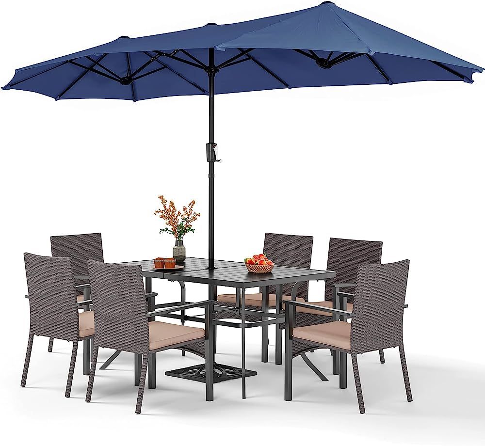 PHI VILLA 7 Piece Patio Dining Set with Umbrella, Large Rectangular Metal Dining Table & Cushione... | Amazon (US)