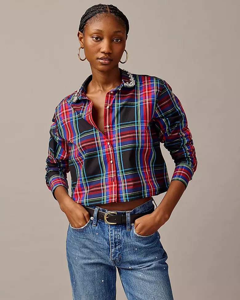 J.Crew: Collection Embellished Cotton Poplin Cropped Button-up Shirt In  Gingham For Women