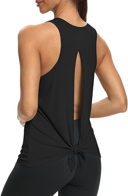 Mippo Womens Open Back Workout Gym Shirts Sleeveless/Short Sleeve Tie Back Tops | Amazon (US)