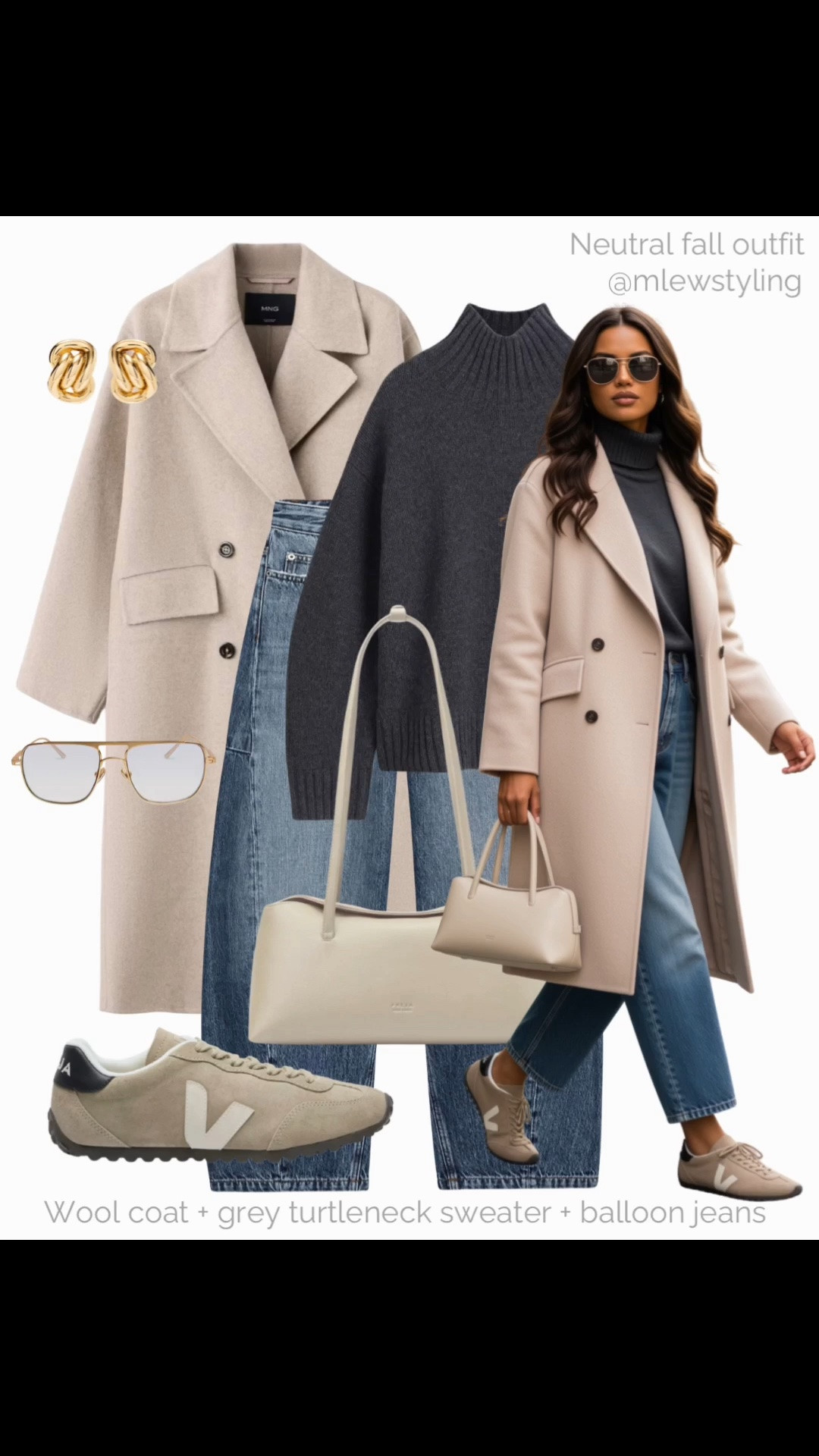 Obsessed with these sneakers for fall 🍂

Tags: elevated autumn outfit, mango wool coat, grey turtleneck sweater, Zara balloon jeans, freja nyc bag, Veja suede sneakers, aviator glasses, gold earrings, fall weekend outfit, cashmere sweater