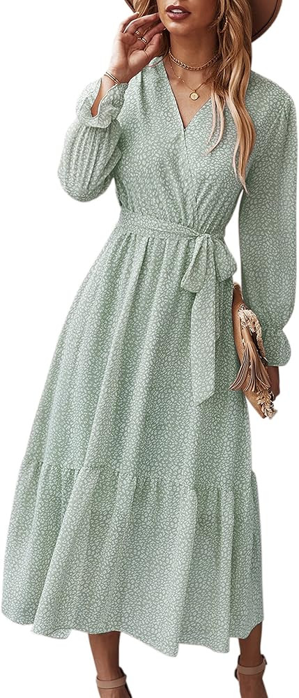 Angashion Women’s Dresses Short Sleeve Wrap V Neck Ruffle Floral Printed Midi Dress with Belt | Amazon (US)