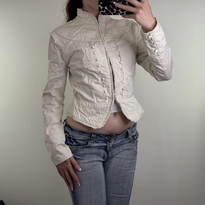 Y2K vintage military denim jacket hook and eye high neck stripe buttons archive | eBay UK