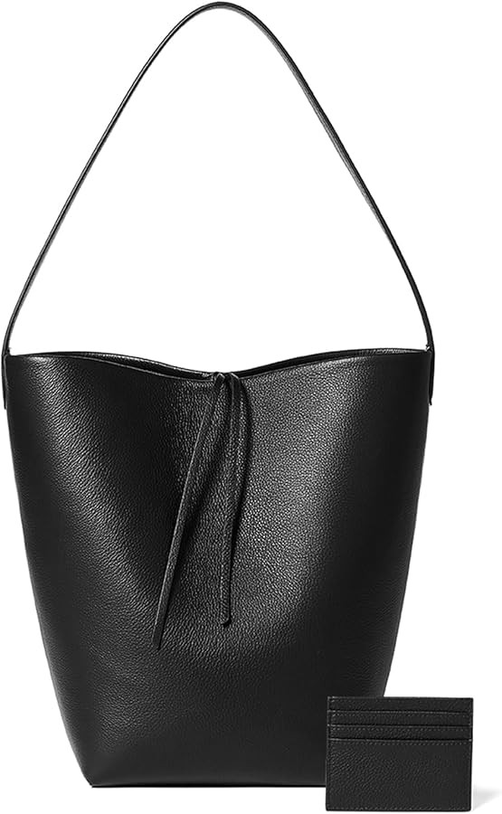 Premium Full-Grained Leather Bucket Bag with Credit Card Wallet for Women, Genuine Calfskin Tote ... | Amazon (US)