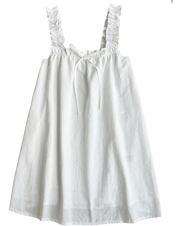 OYOANGLE Women's Wide Strap Frill Trim Sleeveless A Line Bow Tank Dress Summer Babydoll Sundress | Amazon (US)