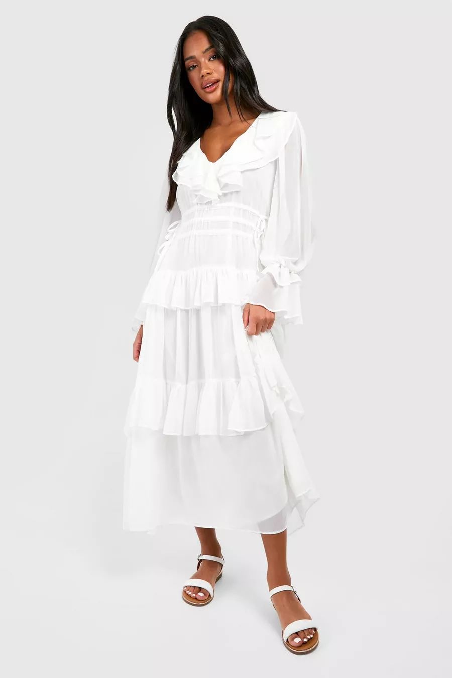 Chiffon Ruffle Detail Midaxi Smock Dress | Boohoo.com (UK & IE)