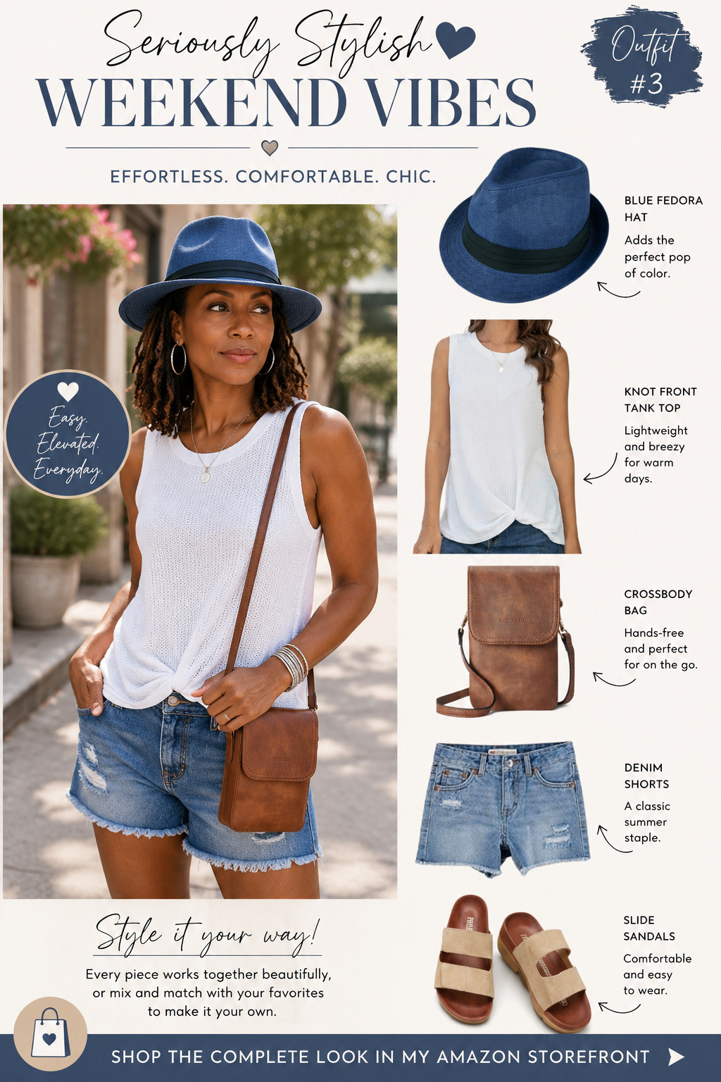 🤍 Seriously Stylish | Weekend Vibes

Easy, cute, and ready for the weekend. 💙

I paired distressed denim shorts with a simple knotted white tank, neutral slides, a cognac crossbody, and that blue fedora that completely makes the look.

Perfect for lunch, a farmers market, sightseeing, live music, or any day you want to be comfortable and still look put together.

Shop the complete look or grab your favorite pieces and style it your way. 🤍

#LTKOver40 #LTKStyleTip #LTKFinds #AmazonFashion #WeekendStyle 

 #LTKvlog #LTKU #LTKOver40